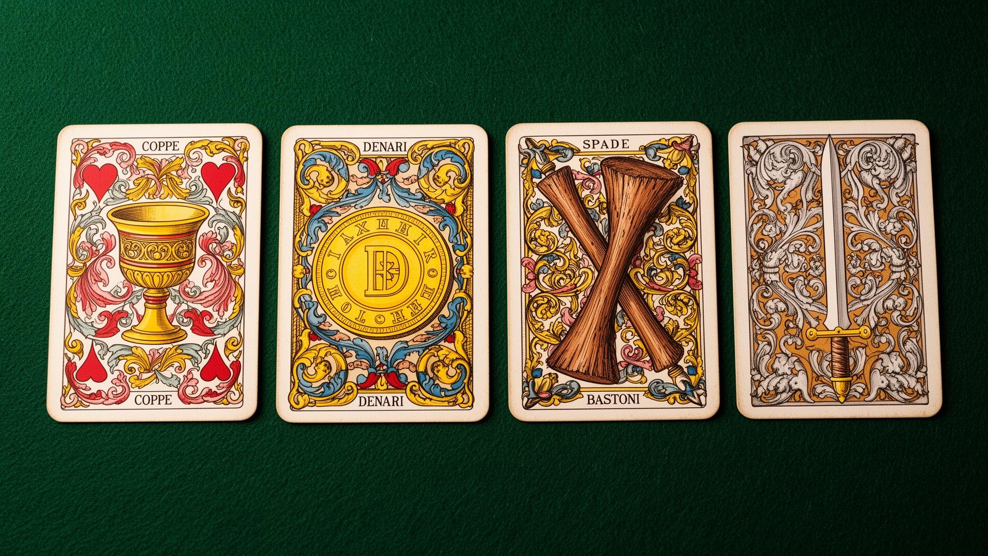 イタリアのトランプの4つのスート:コッペ(聖杯)、デナリ(金貨)、バストーニ(棍棒)、スパーデ(剣)